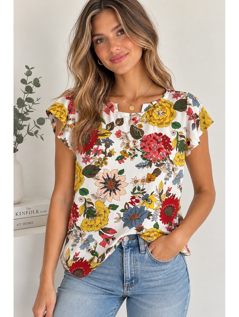 OFT Petites SP Multicolor Floral Short Sleeve Blouse